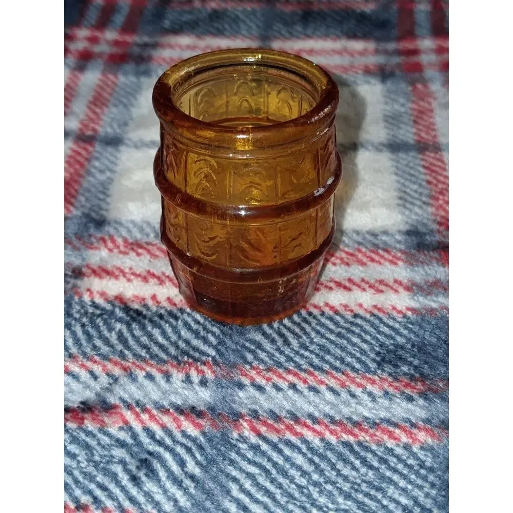 Vintage Amber Glass Barrel Shot Glass / Toothpick Holder Retro Collectible
